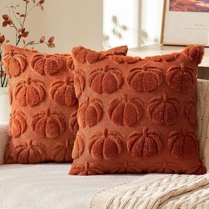 🎃 4pc Burnt Orange Pumpkin Throw Pillow Covers 18x18 Fall Decor